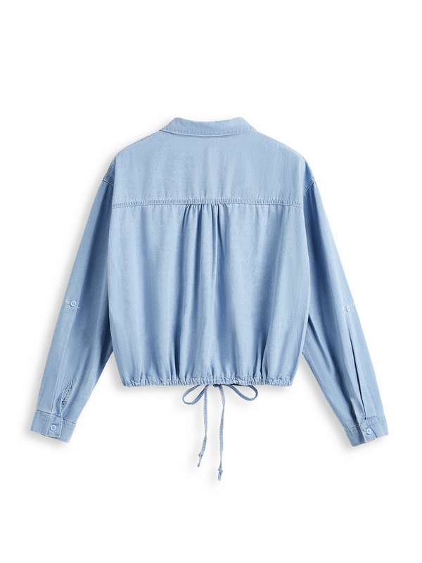 Vintage Dual Pocket Drawstring Denim Blouses&Shirts-5