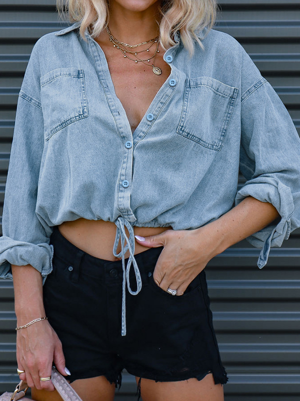 Vintage Dual Pocket Drawstring Denim Blouses&Shirts-1